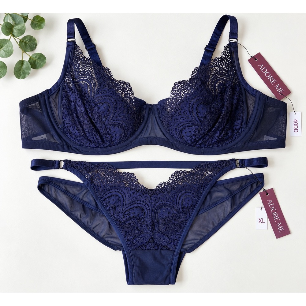 Adore Me Evenn Navy Blue Lace Mesh Bra 40DD and Panty XL Set MNQ-BR-09724-QRC